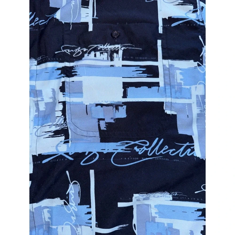FUBU Collection Mens XL Short Sleeve Button Down Shirt Black Blue Abstract Print